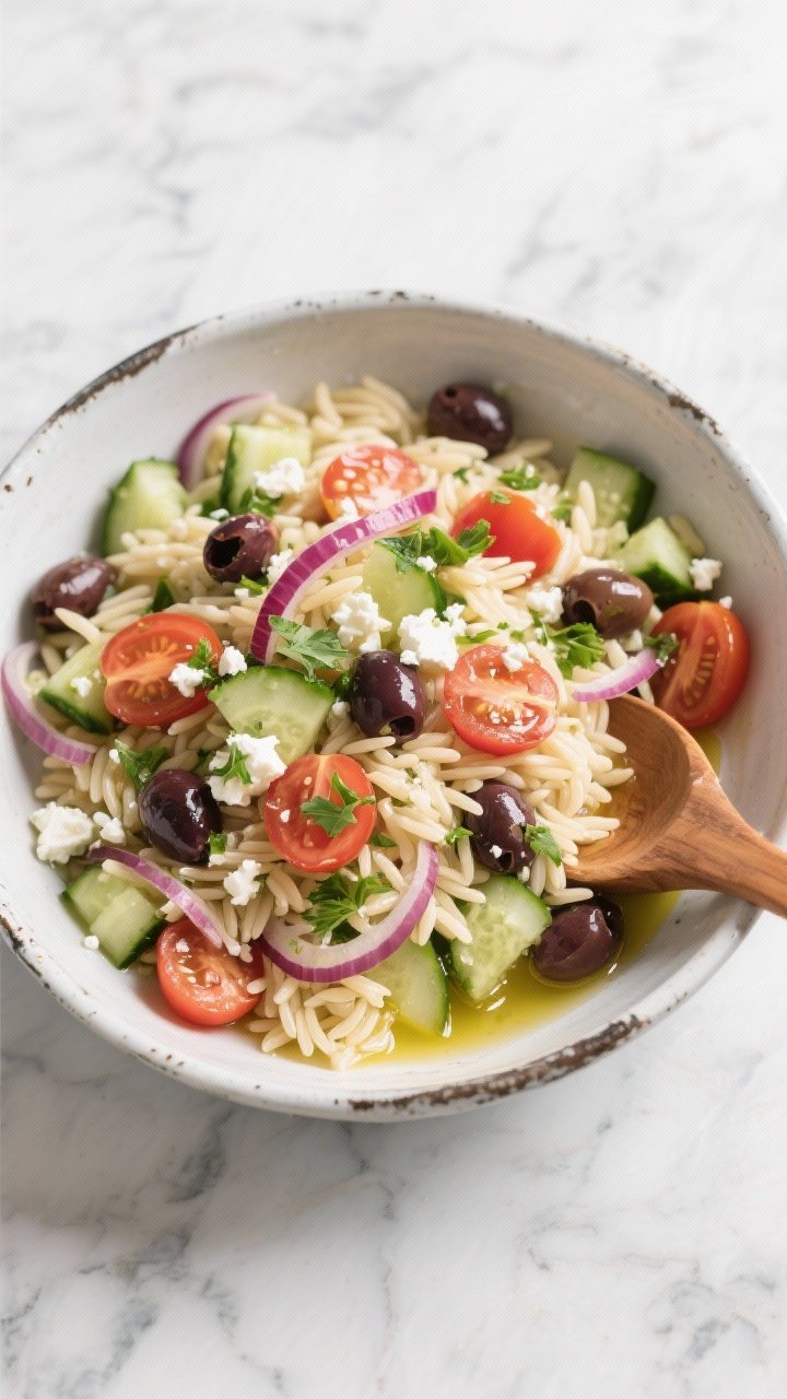 Overhead flat lay of Mediterranean orzo salad that stays crisp: tender orzo mixed with halved cherry tomatoes, diced English cucumber, ultra-thin red onion slivers, halved kalamata olives, crumbled feta, and chopped fresh parsley; olive oil sheen and a light vinaigrette pooling slightly at the bottom; presented in a large enamel bowl with a wooden spoon, vibrant colors popping against a cool marble surface.