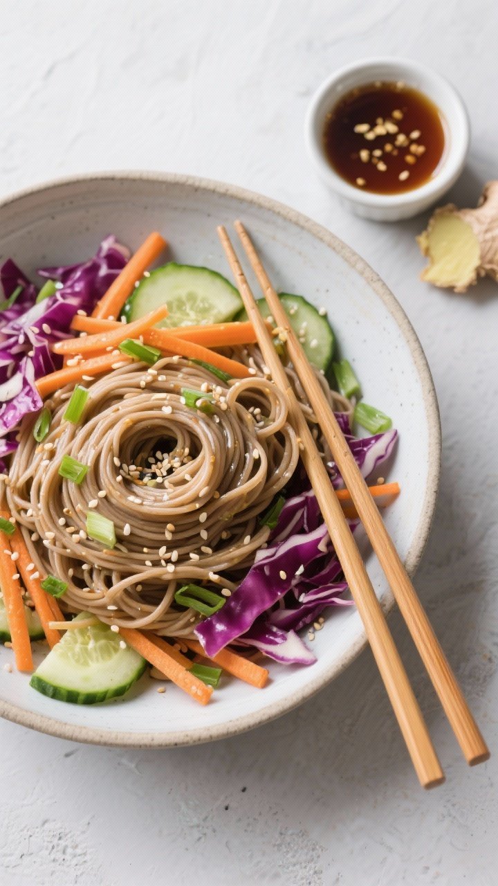 Overhead flat lay of no-cook soba noodle salad in a wide, low bowl: chilled soba noodles tangled with shredded red cabbage, julienned carrot, cucumber half-moons, and sliced scallions, sesame seeds scattered, glossy sesame-ginger dressing pooled lightly on strands, chopsticks resting on the rim, a small ramekin of extra dressing and fresh grated ginger on the side, cool and refreshing vibe.