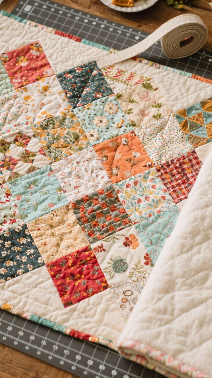 Overhead flat-lay of “Patchwork Picnic Quilt That Tells a Story”: an array of 8-inch assorted cotton quilting squares (60–80 pieces) in varied patterns arranged on a cutting mat, with thin/medium loft quilt batting and a folded cotton/flannel backing sized for a 60 x 70 inch quilt; binding tape coiled at the side; vibrant colors, cozy narrative mood.