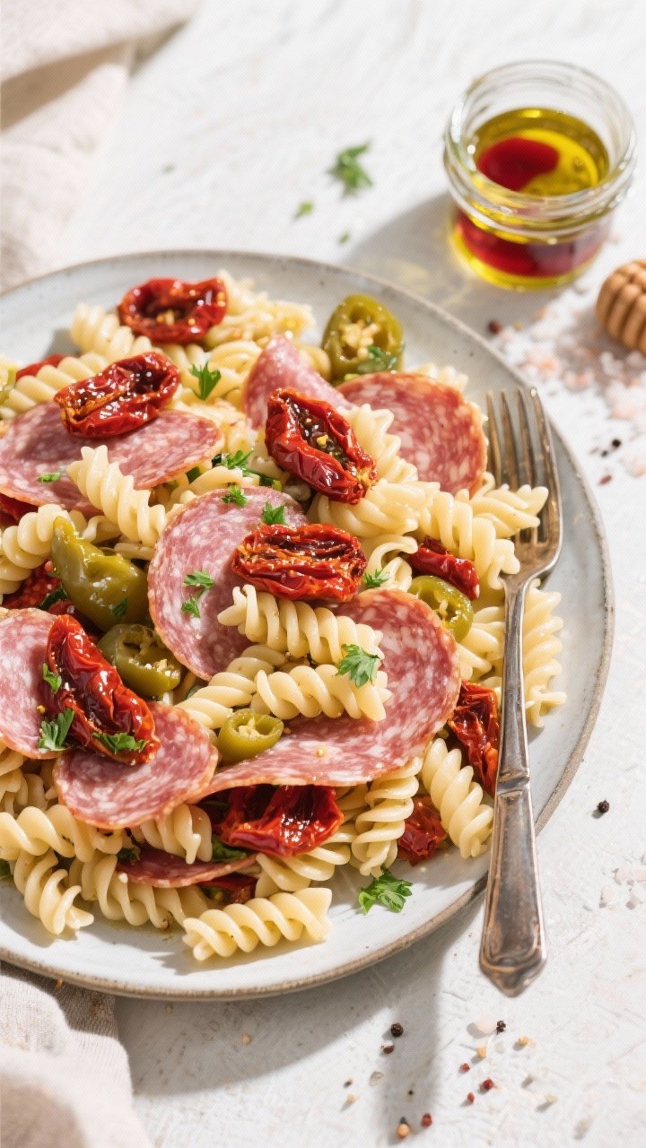 Overhead flat lay of picnic pasta salad in a shallow platter: short pasta (fusilli/rotini) tossed with sun-dried tomatoes (with a sheen from 2 tbsp jar oil), salami ribbons, olive oil, red wine vinegar, Dijon, honey, kosher salt, and cracked pepper. Add-ins like pepperoncini and chopped parsley scattered. Visual contrast of ruby sun-dried tomatoes and marbled salami against pale pasta; small jar of dressing and serving tongs beside.
