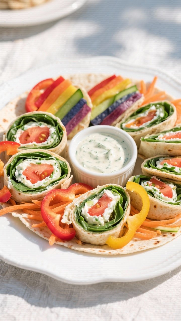 Overhead flat lay of rainbow veggie pinwheel wraps sliced into tight spirals, showing colorful layers: spinach and tomato flour tortillas, cream-cheese mixed with ranch, shredded carrots, thinly sliced bell peppers in red, orange, yellow, and green, arranged on a white platter with a small ramekin of ranch for dipping; bright, natural light, crisp textures, picnic-friendly vibe.