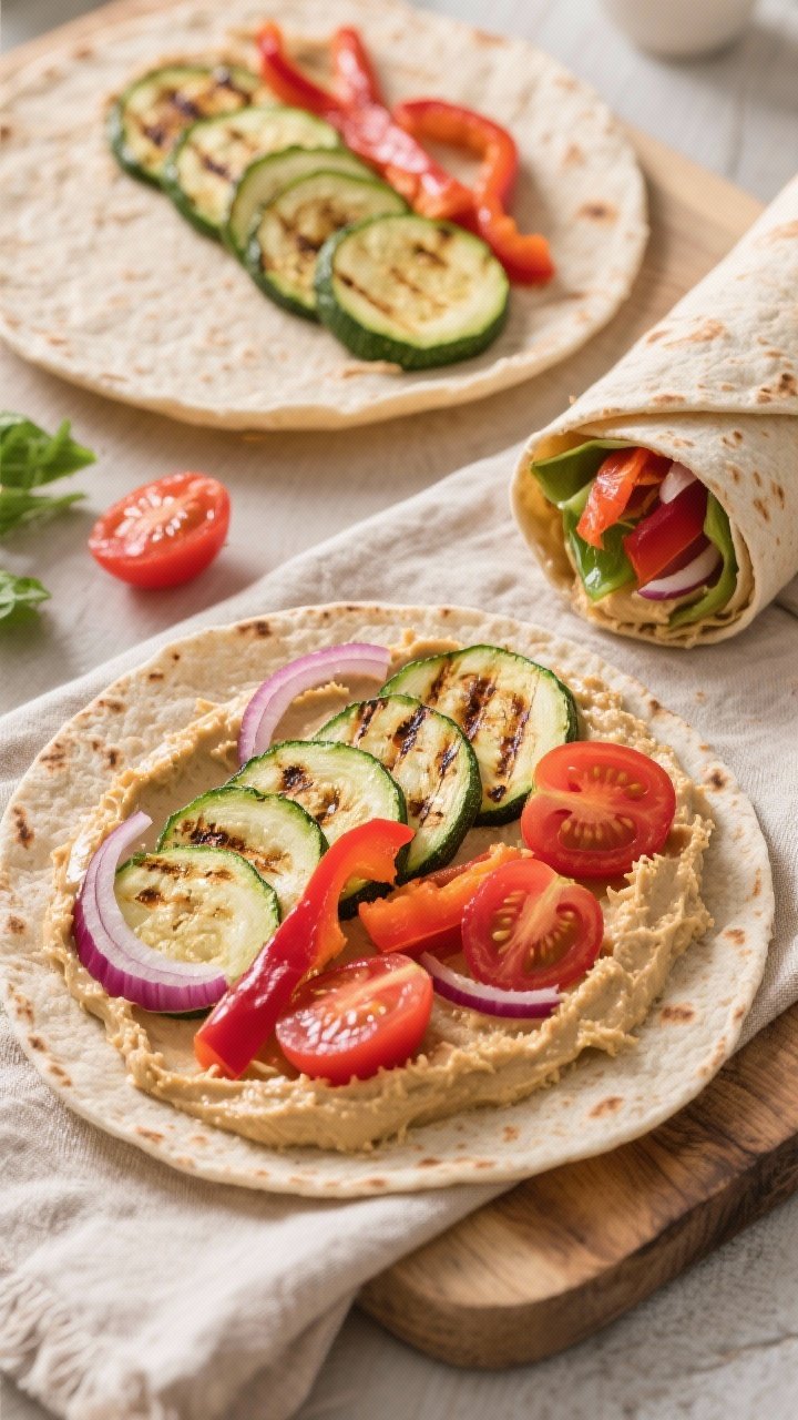Overhead flat lay of roasted veggie hummus wraps being assembled: whole-wheat tortillas spread with creamy hummus, rows of roasted zucchini half-moons, red bell pepper strips, red onion slices, and halved cherry tomatoes; one wrap rolled tightly to show non-soggy layers, another open-faced; neutral linen, rustic board, warm natural light, vibrant colors, no people.