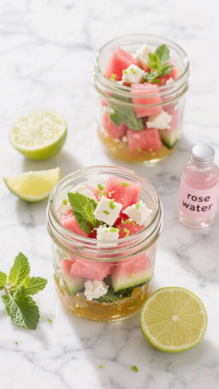 Overhead flat lay of rosy watermelon, feta, and mint salad jars: clear mason jars layered with 1-inch cubes of juicy watermelon, crumbled feta, torn fresh mint, lime zest confetti, and a glistening lime-honey-rose water dressing at the bottom; extra lime halves, mint sprigs, and a small bottle labeled “rose water” styled on a marble surface; bright, refreshing summer vibe.