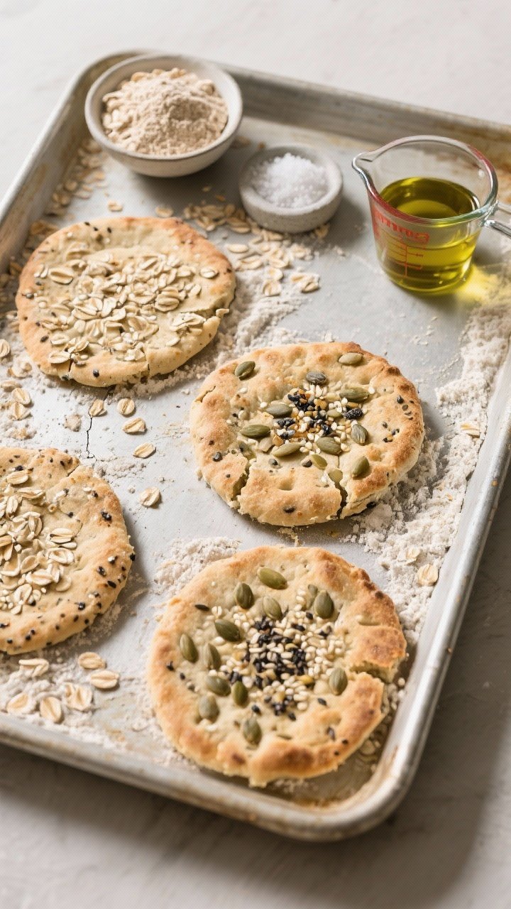 Overhead flat lay of seeded oat flatbreads on a baking sheet: rustic, crisp rounds with visible mixed seeds (sesame, poppy, flax) speckled over a coarse oat-and-whole wheat flour surface; ingredients styled around—rolled oats, small bowl of whole wheat flour, baking powder, sea salt, olive oil, and a measuring cup with water; matte backdrop, directional light highlighting texture and crackled edges, artisanal feel.