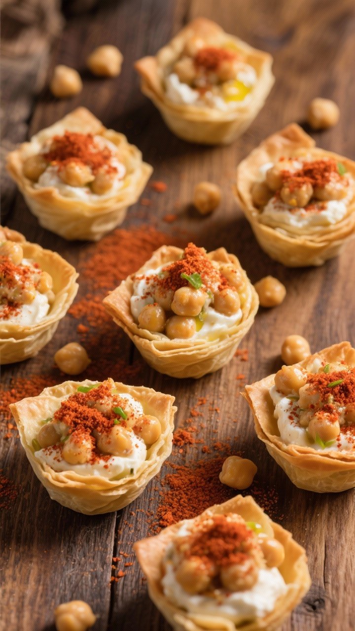 Overhead flat lay of Smoky Paprika Chickpea Phyllo Cups: crisp mini phyllo shells filled with a creamy chickpea mixture seasoned with smoked paprika, olive oil, and a touch of mayo/Greek yogurt; dusting of paprika on top for color and a few chickpeas scattered around; warm wood backdrop, sharp textures, Mediterranean-snack feel.