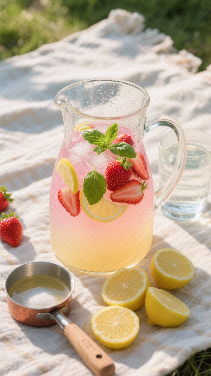 Overhead flat lay of Strawberry-Basil Lemonade in a clear pitcher on a picnic blanket: pale yellow lemonade blushed pink from 2 cups sliced strawberries, visible strawberry seeds, floating fresh basil leaves, thin lemon wheels, and ice; a small saucepan with remaining simple syrup (1/2 cup sugar dissolved in 1 cup water) at the side, a citrus reamer next to 5–6 squeezed lemons, and a carafe of 2 cups cold water for diluting; bright, sunlit, crisp highlights, condensation on pitcher, vibrant red-pink-green-yellow palette.