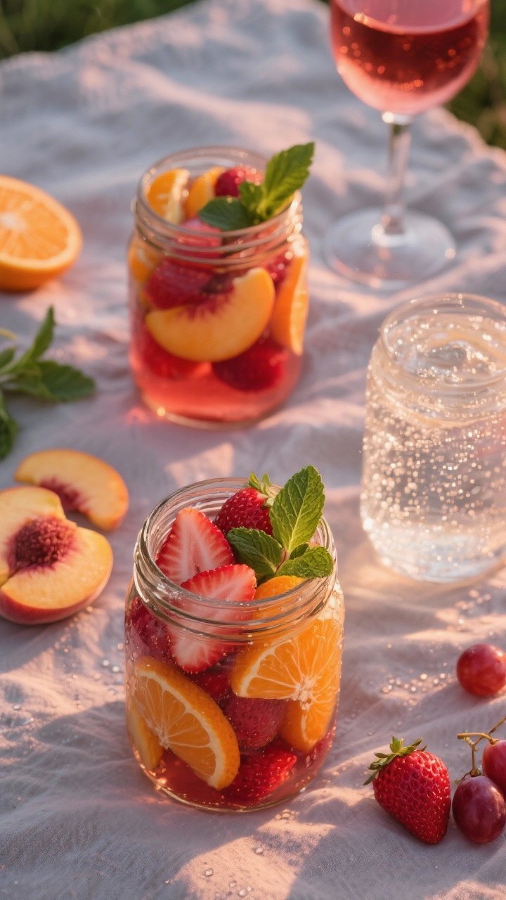 Overhead flat lay of sunset sangria fruit jars: mason jars packed with sliced strawberries, peach crescents, quartered orange rounds, halved red grapes, and fresh mint leaves; one set filled with dry rosé/red wine, another with sparkling water for zero-proof; condensation on glass, vibrant fruit colors shining, picnic cloth background in soft dusk tones.