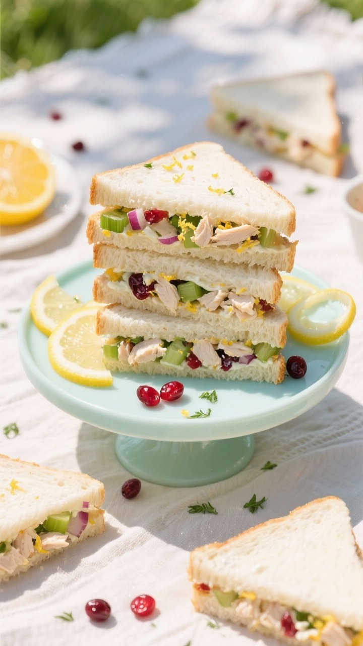 Overhead flat lay of Sunshine Citrus Chicken Tea Sandwiches on crustless white bread triangles, neatly stacked on a pastel cake stand; filling visibly studded with finely chopped chicken, minced celery and red onion, chopped dried cranberries, lemon zest, and herbed mayo; thin lemon ribbons and extra cranberries scattered; bright, sunlit picnic mood on a linen cloth, soft shadows, tack-sharp texture of the creamy filling.