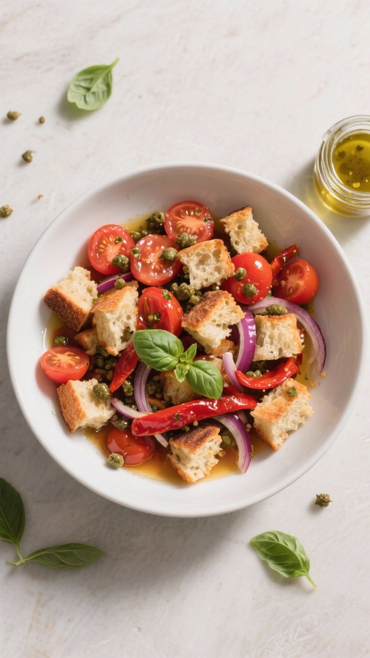 Overhead flat lay of Terracotta Tomato-Bread Panzanella in a wide white salad bowl: torn crusty bread chunks, halved cherry tomatoes, roasted red pepper strips, thin red onion, capers, and fresh basil leaves; olive oil sheen and a hint of vinegar dressing pooling at the bottom; warm terracotta and red tones, scattered basil and a small jar of dressing on the side.