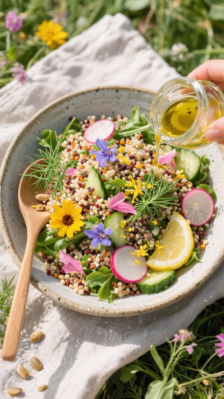 Overhead flat lay of wildflower quinoa salad in a stoneware bowl: fluffy tri-color quinoa tossed with cucumber, radish, baby greens, edible petals (cornflower, calendula), and fresh dill fronds; lemon-dill vinaigrette in a tiny glass jar mid-pour, zesty lemon zest scattered; toasted seeds sprinkled over; bright, garden-fresh palette with greens, pinks, and yellows; linen cloth and small wooden spoon for a breezy picnic mood.