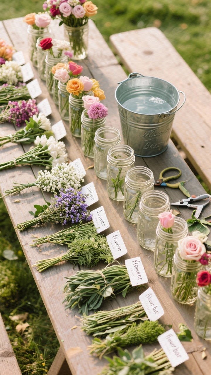 Overhead “flower bar” scene: 8–12 mason jars grouped by type on a picnic table, a bucket of water with flower food nearby; rows of 20 mixed roses/mums, 20 filler stems (waxflower, limonium, or baby’s breath), and 20 assorted greenery laid out for guests to DIY; label cards, pruning shears, and stray leaves for realism, bright and inviting, no people in frame.