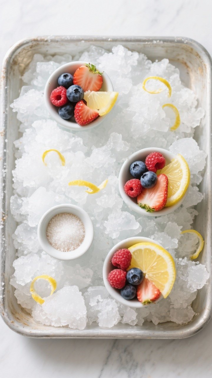 Overhead frosty pan of frozen lemonade granita: flaky ice crystals scraped into airy heaps, dotted with lemon zest curls; small bowls topped with mixed fresh berries (sliced strawberries, blueberries, raspberries) and a squeeze of fresh lemon juice; optional sprinkle of sugar in a tiny dish; cool, refreshing, sparkling highlights, summery minimal styling.