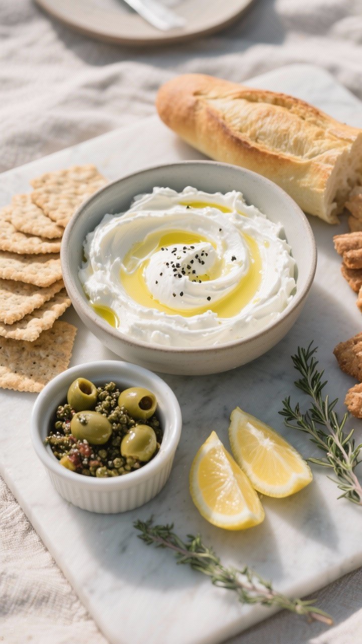 Overhead grazing-board composition: whipped feta (feta blended with ricotta or Greek yogurt, olive oil, lemon juice, black pepper) swooshed into a bowl, drizzled with olive oil; a chunky olive tapenade of mixed pitted olives and capers in a separate ramekin; scattered crackers and sliced baguette, lemon wedges, and a few thyme sprigs; clean lines, matte ceramics, minimalist picnic elegance.