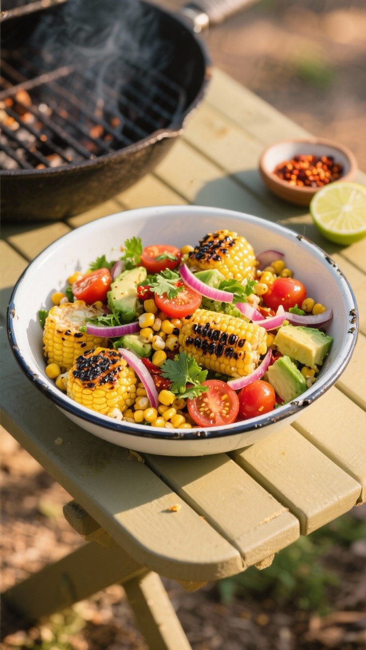Overhead grill-to-bowl transition: charred corn kernels (from fresh ears) tossed with halved cherry tomatoes, thin red onion slivers, diced avocado, and chopped cilantro, glistening with chili-lime vinaigrette. Blackened bits on corn for smokiness; lime wedges and a small dish of chili flakes nearby. Served in a wide enamel bowl on an outdoor picnic table, golden late-afternoon light.