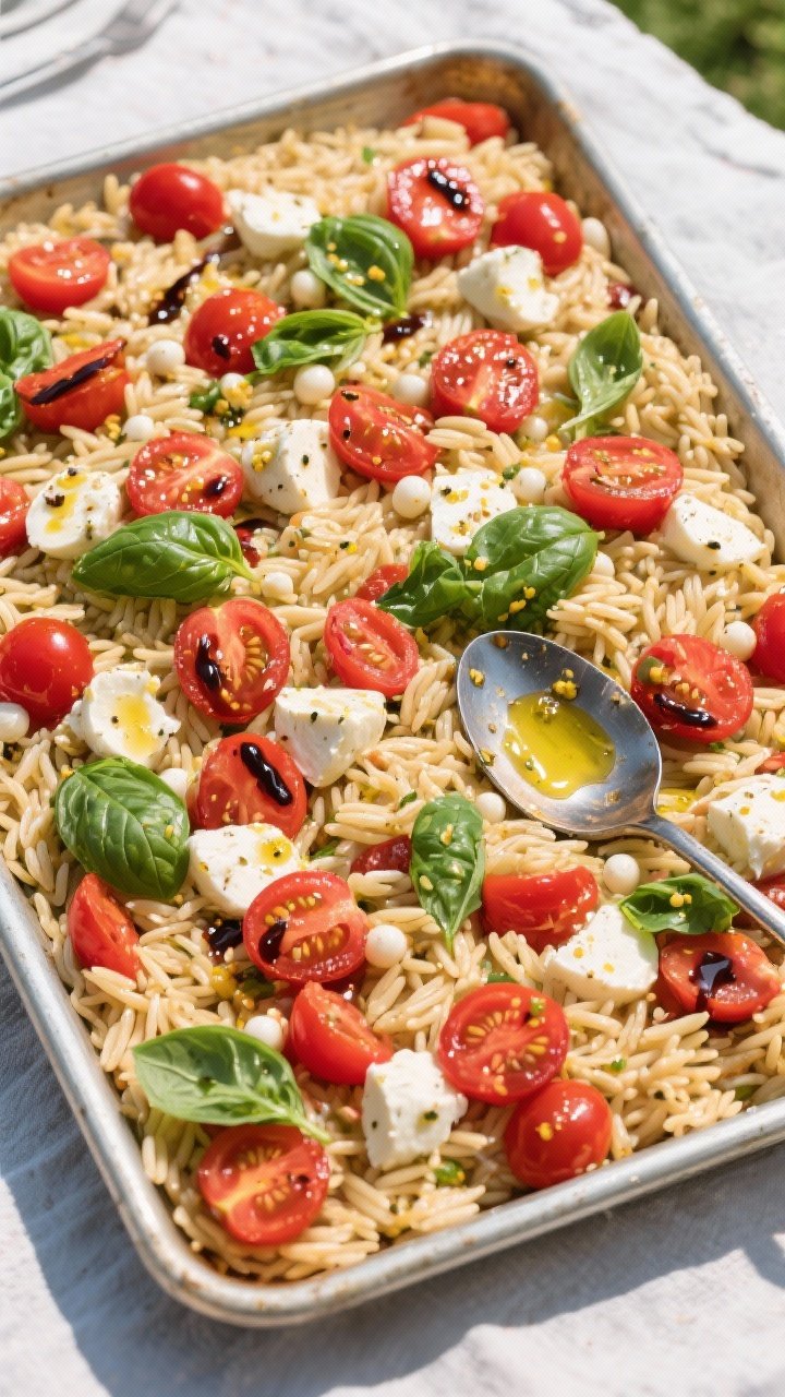 Overhead image of a giant sheet pan loaded with caprese orzo: tender orzo tossed with halved cherry tomatoes, fresh mozzarella pearls, torn basil leaves, a sheen of extra-virgin olive oil, and a visible drizzle of balsamic vinegar with Dijon mustard emulsified specks; room-temp picnic styling on a baking sheet with serving spoon, bright reds and greens popping against the pasta, minimal shadows for clarity.