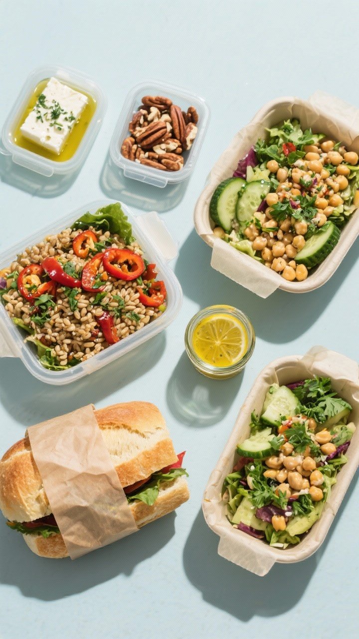 Overhead ingredient-and-final combo showcasing packable dishes that won’t wilt: two hearty salads (one farro with roasted peppers and herbs, one chickpea with cucumbers and parsley), a pressed ciabatta loaf sandwich tightly wrapped and sliced, two durable snacks (marinated feta in olive oil, roasted nuts), and a small jar of acid-forward lemony dressing; all in leakproof containers with parchment accents, vibrant Mediterranean tones, minimal condensation.