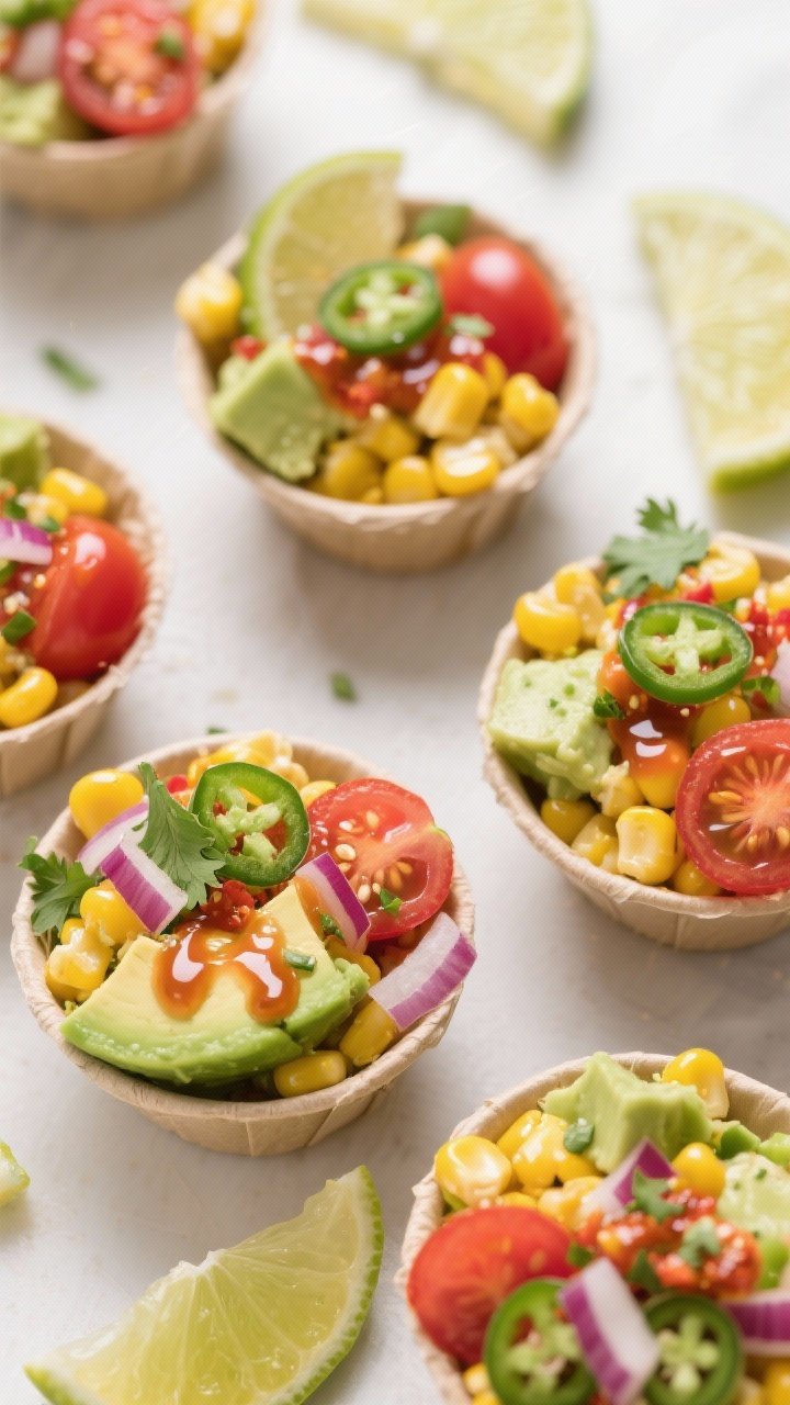 Overhead ingredient-forward shot of chili-lime corn and avocado salad cups: small compostable cups filled with golden corn kernels, creamy diced avocado, quartered cherry tomatoes, finely chopped red onion, chopped cilantro, and flecks of minced jalapeño; a glossy chili-lime dressing drizzled over, lime wedges scattered, vibrant and fresh.