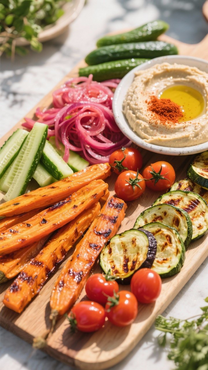 Overhead ingredient-forward veggie board: roasted carrot batons and roasted zucchini/eggplant rounds with caramelized edges, glossy cherry tomatoes, crisp cucumber spears, a tangle of pickled red onions, and a generous swoop of hummus with olive oil and paprika; natural daylight, vibrant garden palette, clean lines and abundant texture.