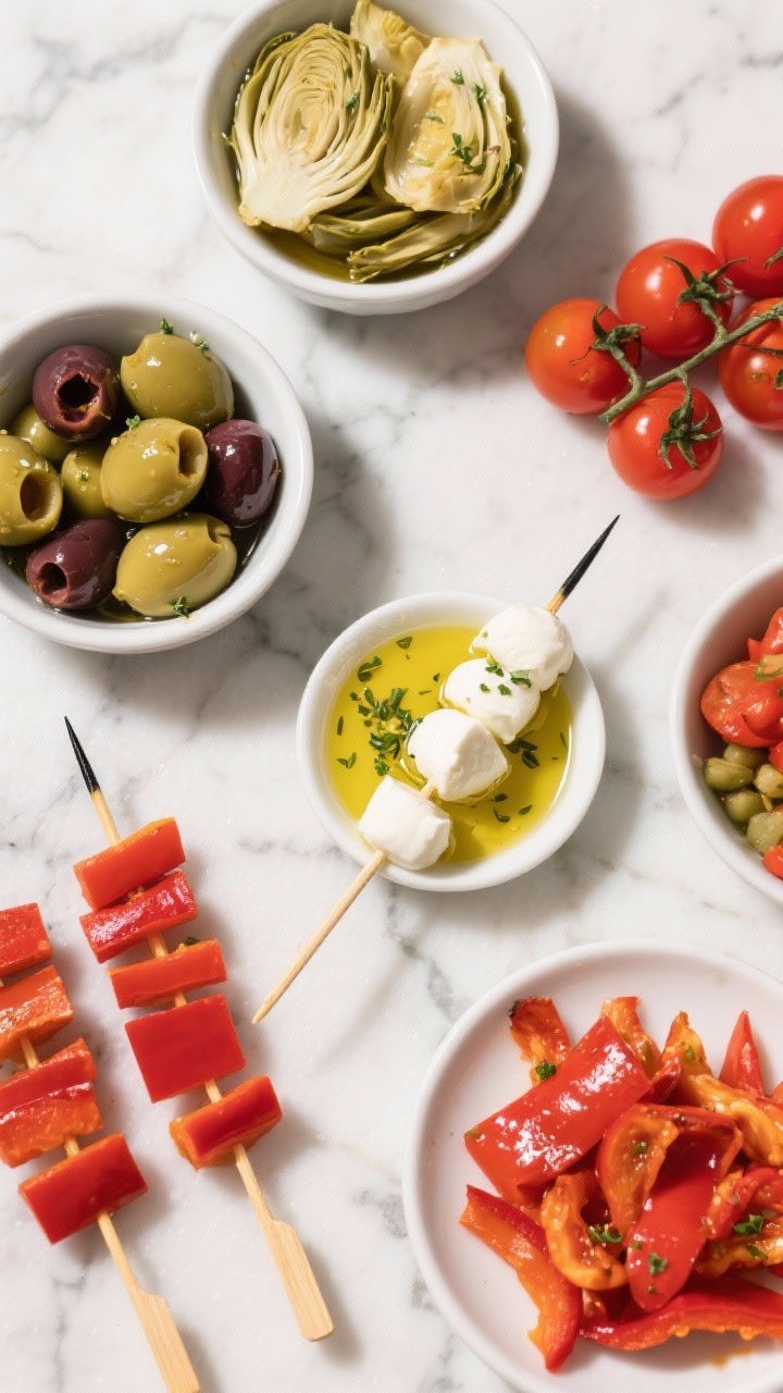Overhead ingredient-prep flat lay for antipasto skewers: small mozzarella ciliegine marinating with herb-flecked olive oil, bowls of mixed pitted olives, halved marinated artichoke hearts, cherry tomatoes, roasted red pepper strips cut into 1-inch pieces, short wooden skewers partially assembled; bright colors popping against a marble surface, tidy but abundant composition.