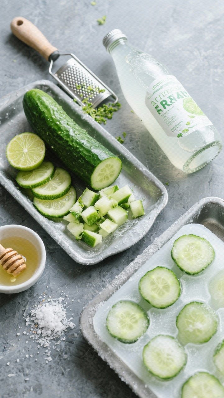 Overhead ingredient-prep flat lay for cucumber coconut chiller: one peeled cucumber chopped for blending, another sliced into rounds laid on a small tray ready for freezing; a bottle of chilled coconut water, microplane with fresh lime zest, a small bowl of lime juice, honey/agave drizzle, and a pinch of sea salt; frosty metal tray and silicone molds to suggest frozen cucumber pieces; cool green-and-white palette on a chilled slate surface.