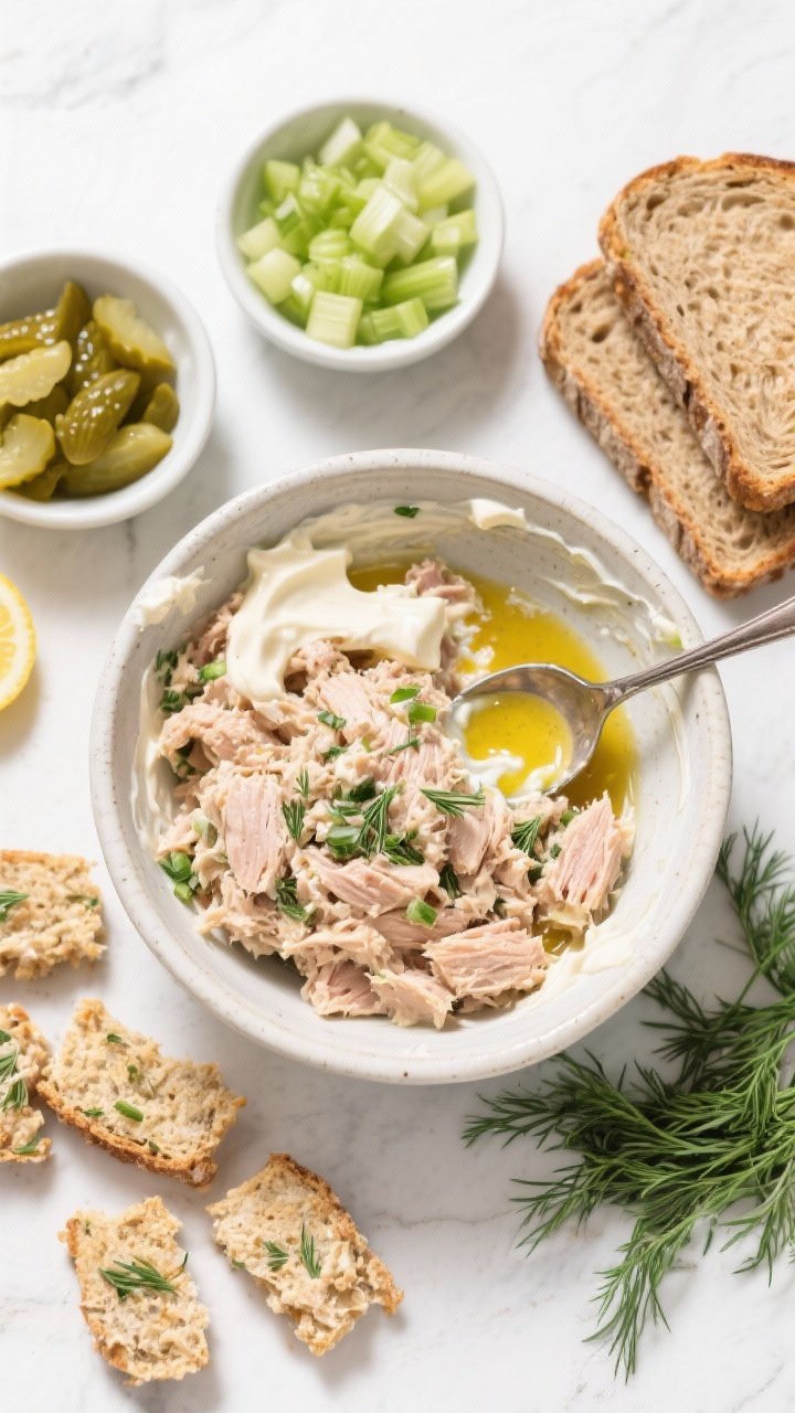 Overhead ingredient-prep flat lay for dill tuna crunchers on rye: a mixing bowl with well-drained tuna folded with mayonnaise, Dijon mustard, lemon juice, finely chopped dill pickles, chopped fresh dill, and a small bowl of finely diced celery; slices of rye bread to the side. Include a spoon showing the chunky, tangy mixture, bright, clean light highlighting texture and herbs.