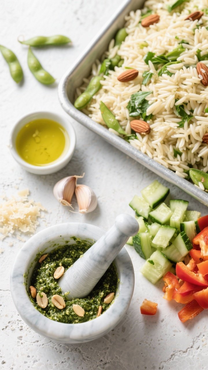 Overhead ingredient-prep flat lay for edamame pesto orzo salad: cooked orzo cooled on a tray, a mortar of basil-edamame pesto with toasted almonds (or pine nuts), grated Parmesan, and two garlic cloves; small bowl of extra-virgin olive oil ready to stream; add chopped crunchy veg accents like diced cucumber and bell pepper to telegraph texture; fresh, garden-bright tones on a light stone surface.