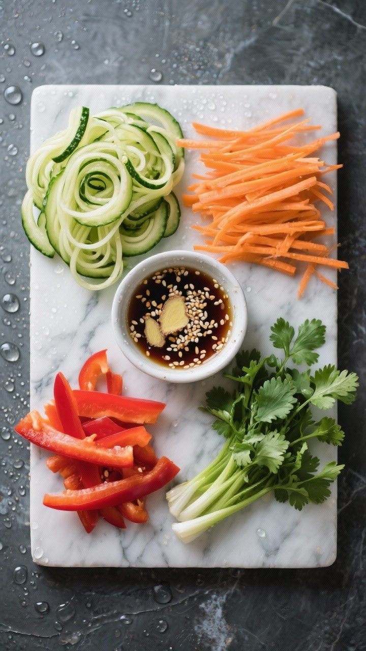 Overhead ingredient-prep flat lay for river-cool cucumber noodle salad: spiralized Persian/English cucumber “noodles,” shredded carrots, thinly sliced red bell pepper, sliced scallions, and fresh cilantro laid in neat sections on a chilled marble slab. A small bowl of sesame-ginger dressing with visible sesame seeds and grated ginger sits center; damp condensation beads for a cool, refreshing mood.