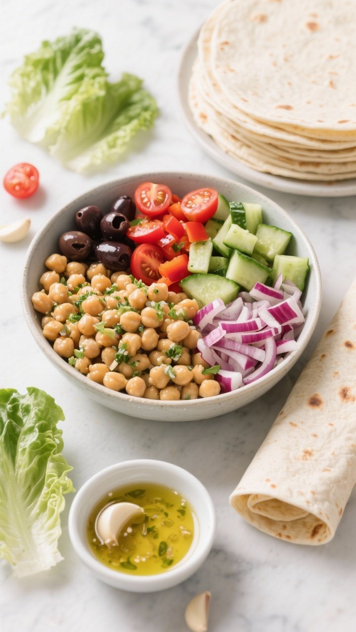 Overhead ingredient-prep scene for garlicky Greek chickpea salad wraps: a mixing bowl with chickpeas, diced cucumber, halved cherry tomatoes, diced red bell pepper, finely chopped red onion, and sliced kalamata olives; a small bowl of garlicky dressing ready to pour; stack of soft wraps/tortillas on the side with a few romaine leaves; bright, clean styling evoking Mediterranean freshness.