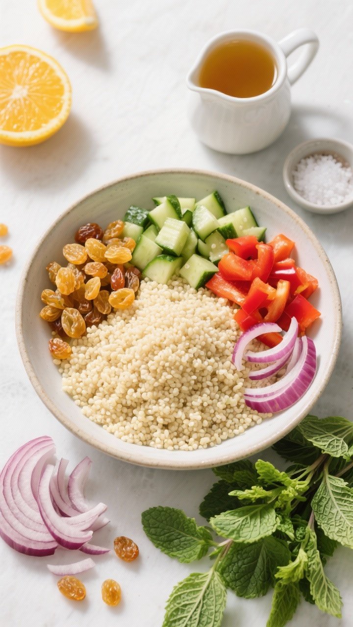 Overhead ingredient-prep shot for orchard veggie couscous: fluffy couscous in a wide bowl, surrounded by tidy piles of golden raisins, diced cucumber, red bell pepper, finely sliced red onion, chopped fresh mint and parsley; a small pitcher of hot vegetable broth and a pinch of salt nearby; bright, citrusy, fresh color palette.