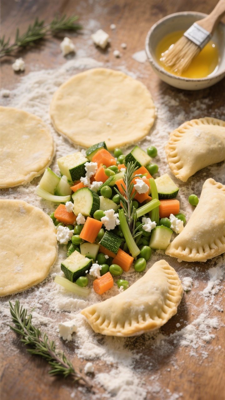 Overhead ingredient-prep shot for rustic garden veg hand pies: rough-chopped zucchini, carrots, peas, and spring onions tossed with crumbled feta and fresh thyme on a floured surface; discs of golden pastry dough with a few hand pies half-crimped, egg wash in a small bowl, pastry brush set aside; a few thyme leaves and feta crumbles scattered; warm, natural light, tactile textures of flour and dough, inviting, country kitchen vibe.