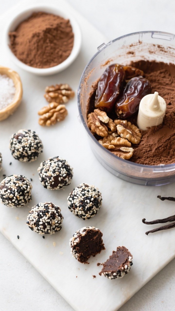 Overhead ingredient-prep to finished no-bake tahini-date brownie bites: food processor bowl with soft Medjool dates, raw walnuts, cocoa powder, tahini, vanilla, and salt partially combined; alongside, perfectly rolled brownie bites finished in a mix of white and black sesame seeds for crunch; a few cut bites showing fudgy interior, clean slate board styling.