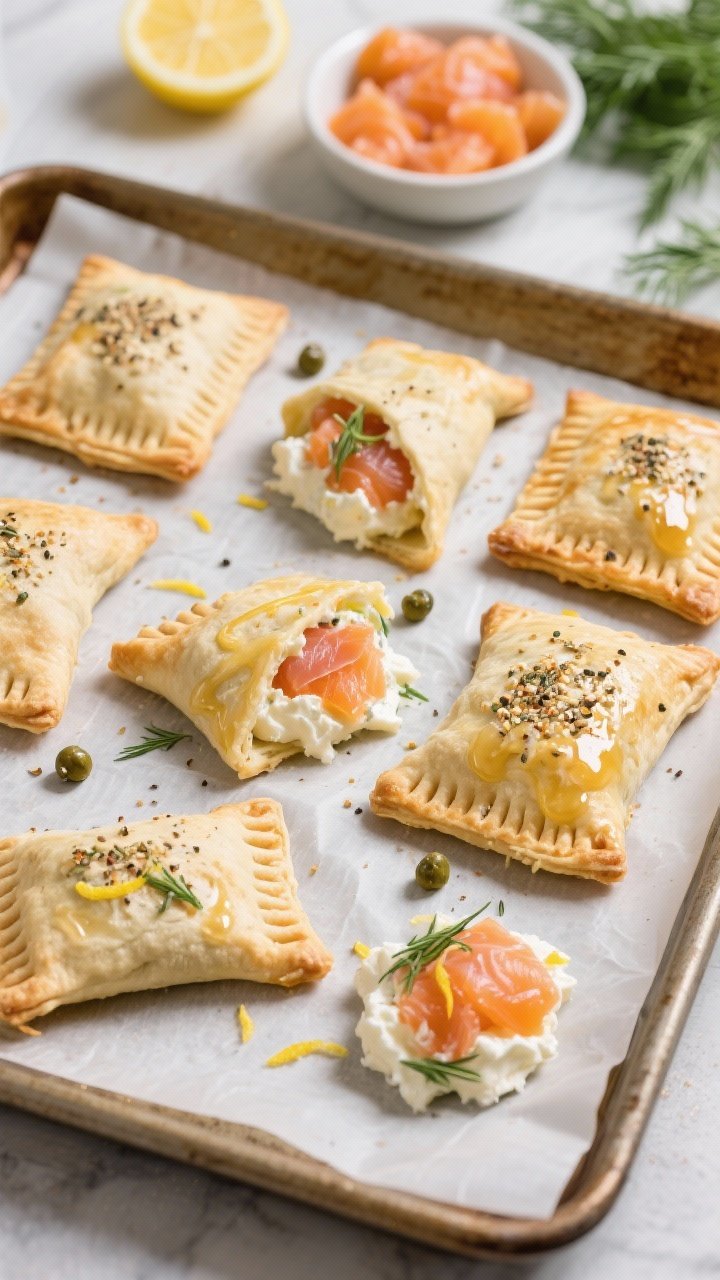 Overhead ingredient-to-assembly scene for smoked salmon everything hand pies: puff pastry squares filled with a creamy mixture of chopped smoked salmon, cream cheese, lemon zest and juice, dill, and capers; some pies folded and crimped, others brushed with egg wash and sprinkled with everything bagel seasoning on a parchment-lined sheet pan.