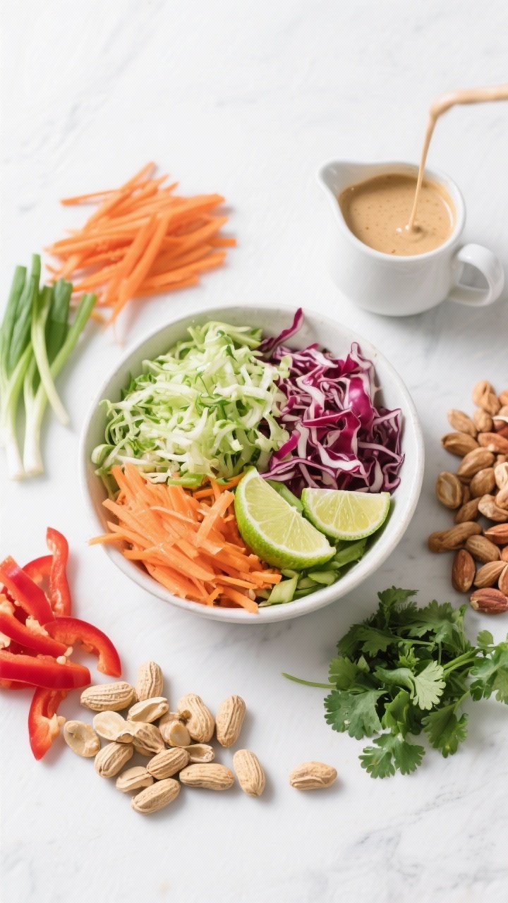 Overhead ingredient-to-bowl transition for crunchy slaw with peanut-lime dressing: mounds of shredded green and red cabbage, julienned carrot, thin red bell pepper, sliced green onions, chopped cilantro, and a pile of roasted peanuts arranged around a central mixing bowl; a small pitcher of creamy peanut-lime dressing ready to pour; crisp textures emphasized on a matte white surface, bright and punchy color palette.