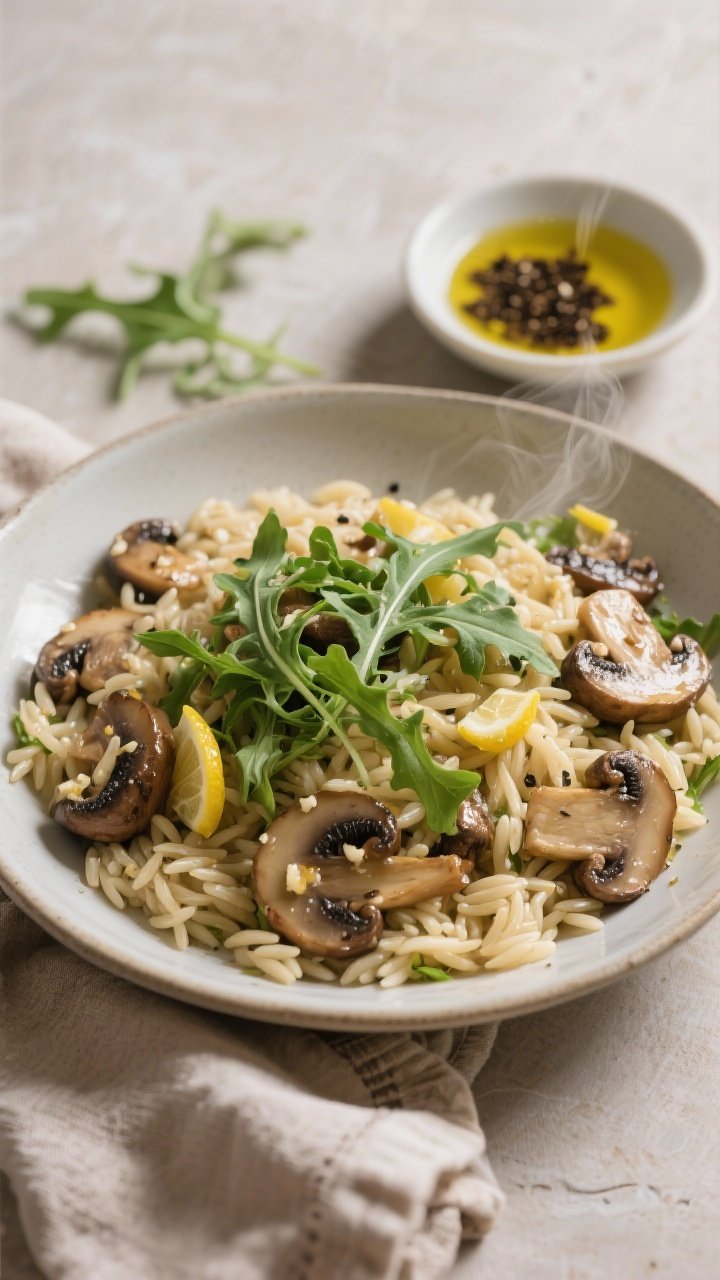 Overhead ingredient-to-bowl transition for truffle mushroom orzo salad with baby arugula: a wide bowl of glossy orzo folded with sautéed cremini mushrooms (olive oil + butter, garlicky), flecks of lemon juice, salt and black pepper, a handful of baby arugula tossed through; a small dish of truffle oil in frame ready to drizzle; earthy tones, steam hint from mushrooms.