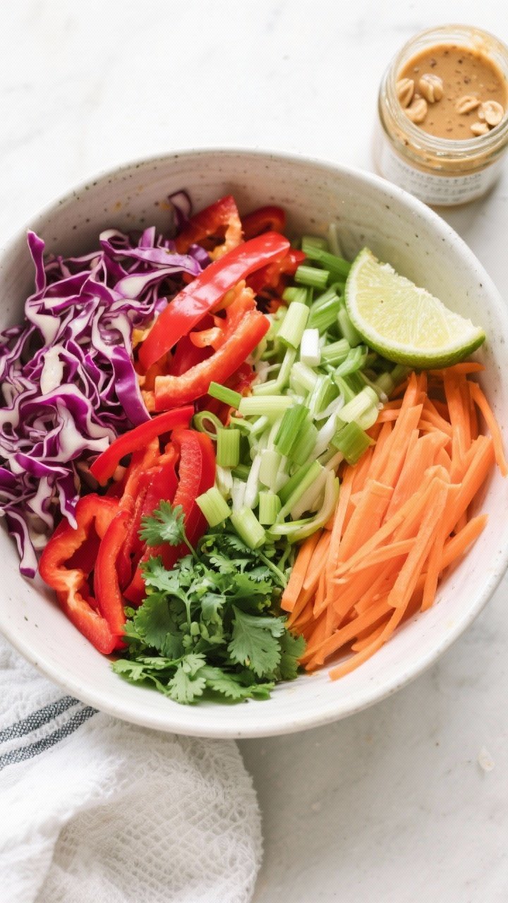 Overhead ingredient-to-bowl transition shot for no-mayo rainbow slaw: shredded red and green cabbage, julienned carrots, thin red bell pepper, sliced green onions, chopped cilantro arranged in color blocks in a large mixing bowl; a small jar of tangy peanut-lime dressing (visible peanut specks, lime wedge beside) ready to pour; bright, fresh styling on a light surface.