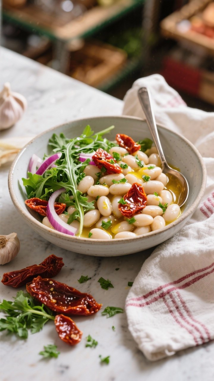 Overhead ingredient-to-bowl transition shot of marinated white bean salad: a wide bowl filled with cannellini beans tossed with oil-packed sun-dried tomato slices, peppery baby arugula, thinly sliced red onion, chopped parsley, and a glossy vinaigrette; spoon resting in the bowl, extra sun-dried tomatoes and parsley scattered; Italian market mood, bright and savory.