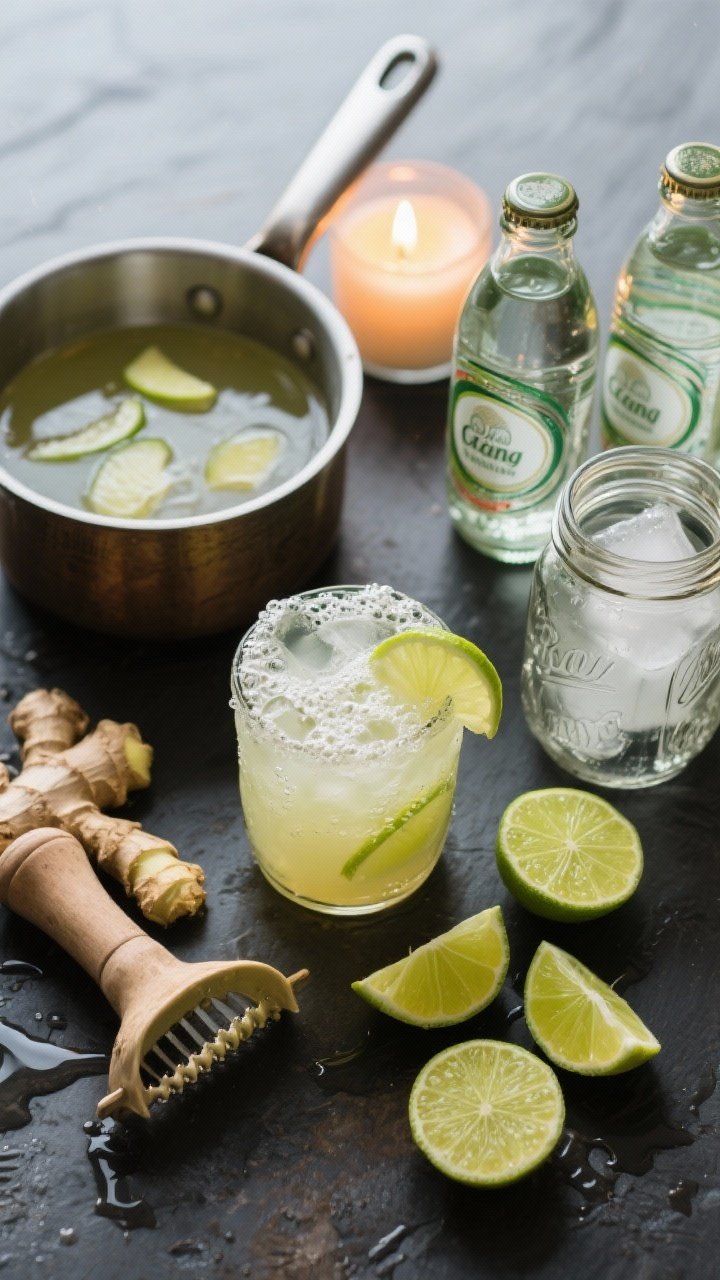 Overhead ingredient-to-cocktail flat lay: ginger-lime cooler setup with a saucepan of simple syrup (water, sugar, sliced fresh ginger), a citrus reamer beside 4 juiced limes and 2 lime wheels, sparkling water bottles, ice, optional mini bottle of vodka or gin, and two mason jars glowing from a candle placed behind them; effervescent bubbles captured in finished drink.