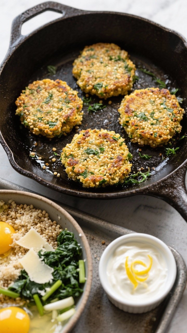 Overhead ingredient-to-cooking process shot: formed lemon-herb quinoa patties searing in a cast-iron skillet, golden edges visible; a side tray shows the mixed bowl of cooked quinoa with beaten eggs, grated Parmesan, panko breadcrumbs, chopped spinach/kale, and sliced scallions; a ramekin of tangy yogurt dipping sauce with lemon zest curls and herbs sits ready.