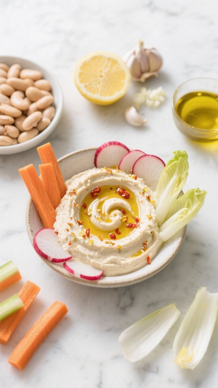 Overhead ingredient-to-dip composition: a creamy garlicky white bean dip swirled in a shallow bowl with a glossy chili oil drizzle and lemon zest; surrounding crunchy crudités—radish halves, carrot sticks, fennel slices, and endive—plus cannellini beans, a cut lemon, minced garlic, and a small pour of olive oil; clean, bright setup on white marble.