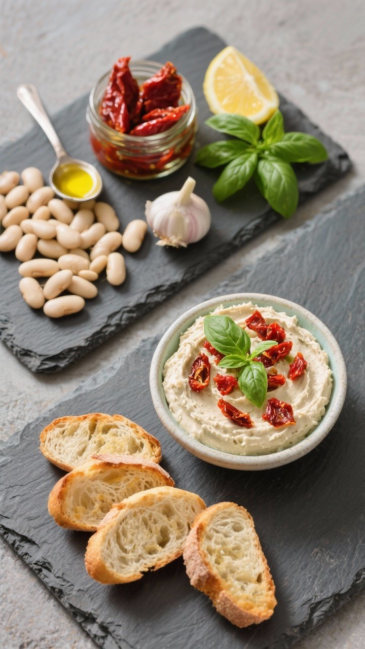 Overhead ingredient-to-dip transition for Sun-Dried Tomato and Basil White Bean Spread: a slate board with cannellini beans, oil-packed sun-dried tomatoes (with a spoon of the jar oil), a small garlic clove, lemon halves, and fresh basil leaves; next to it, the finished spread in a small bowl, garnished with basil ribbons and chopped sun-dried tomatoes; crostini arranged neatly; vibrant reds and greens against neutral slate.