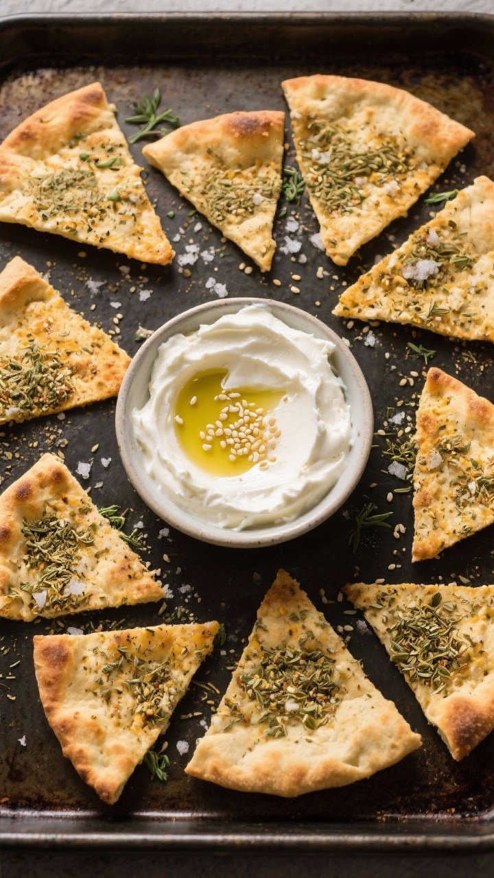 Overhead ingredient-to-final spread for crispy za’atar pita chips with whipped feta: triangular pita chips baked to golden, dusted generously with za’atar and sea salt, arranged around a low bowl of ultra-smooth whipped feta with olive oil shimmer and a sprinkle of sesame. Crumbs and herb flecks visible on a dark matte sheet pan, clean graphic styling.