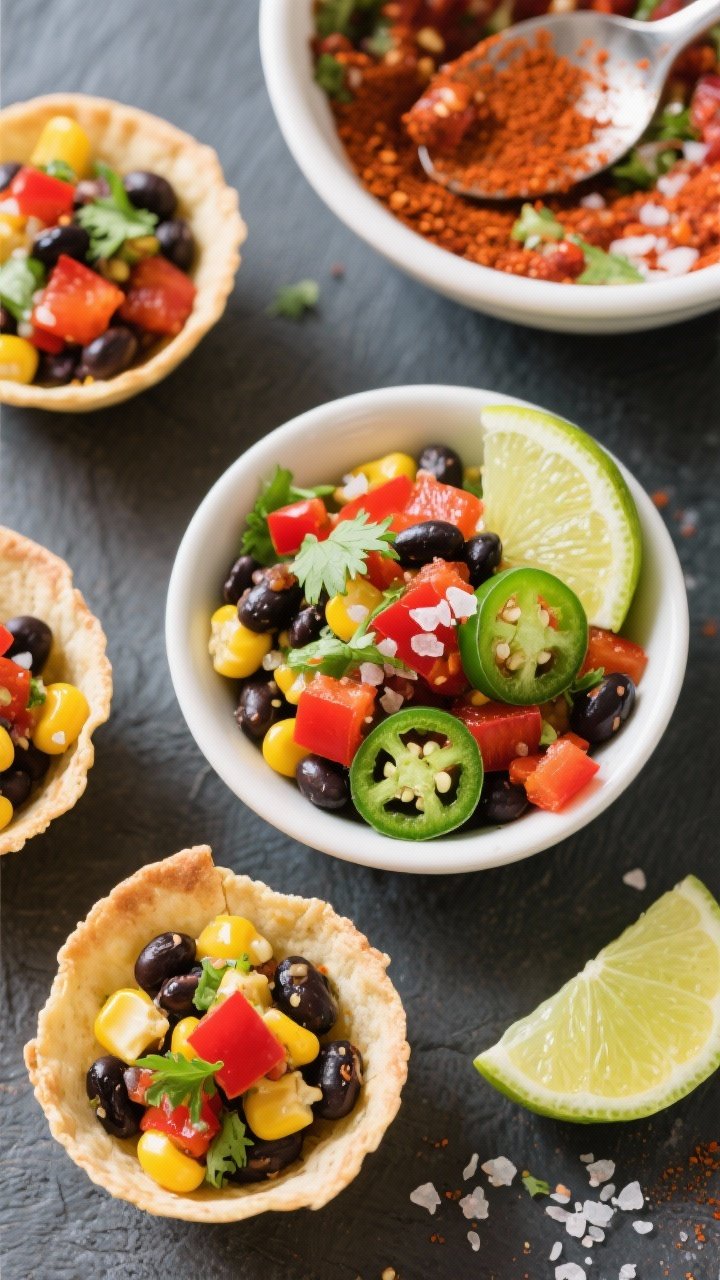 Overhead ingredient-to-final transition of chili-lime corn and black bean salsa cups: crisp tortilla cups filled with corn kernels, black beans, diced red bell pepper, minced jalapeño, chopped cilantro, and a lime wedge; extra filling in a mixing bowl with a spoon, sprinkled chili powder, sea salt, and lime halves nearby, vivid, party-ready.