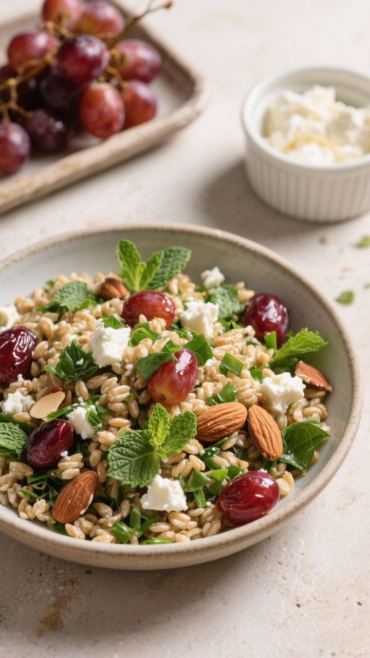Overhead ingredient-to-finish narrative: a shallow bowl of herby farro salad flecked with chopped fresh herbs (parsley, mint), roasted red grapes blistered with a touch of olive oil, crumbled feta, and chopped toasted almonds; farro grains glistening, herbs vibrant; small tray of just-roasted grapes and a ramekin of feta nearby; clean, earthy palette, Mediterranean salad vibe, soft diffuse light.