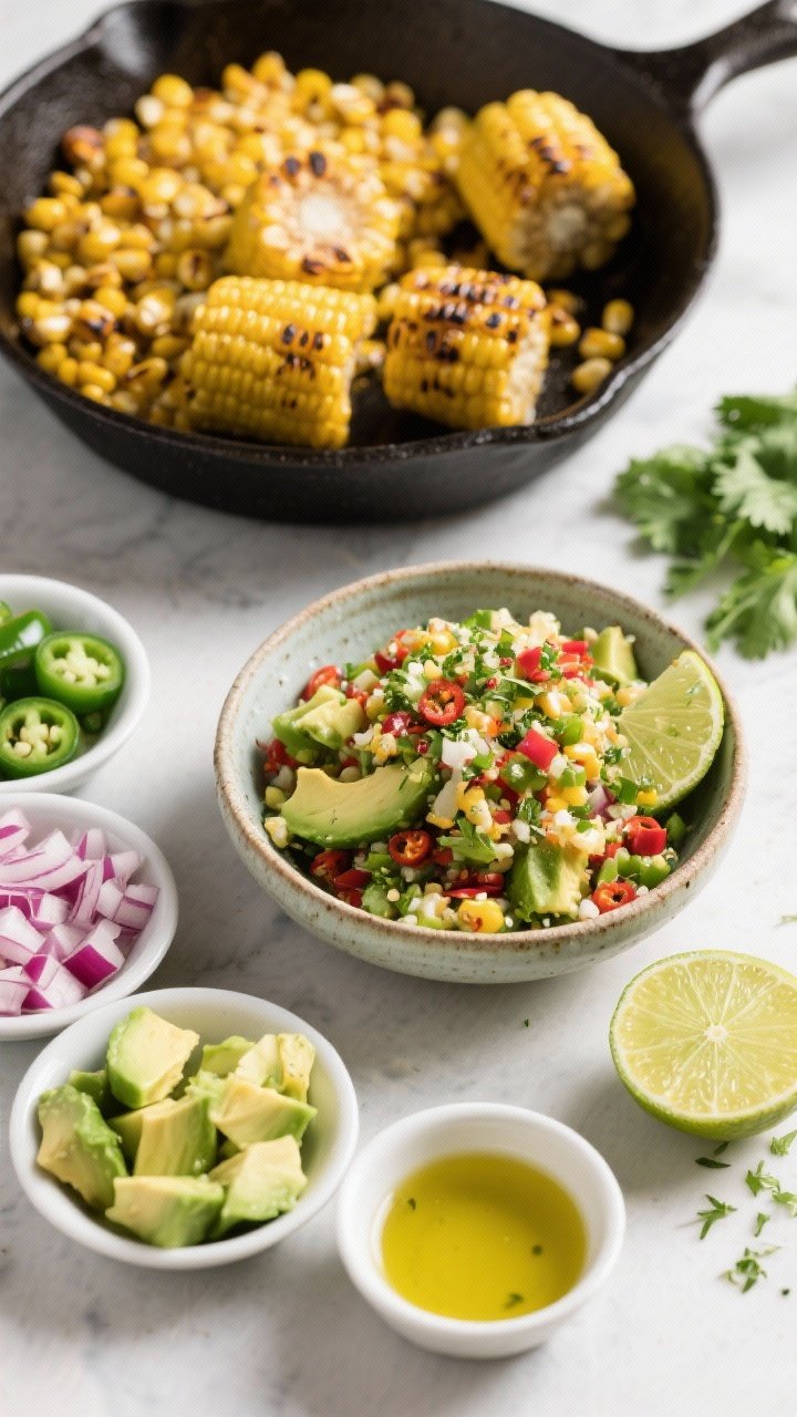 Overhead ingredient-to-finish progression for Charred Corn and Avocado Salsa: cast-iron pan with blistered corn kernels, bowls of diced ripe avocado, finely diced red onion, minced jalapeño, chopped cilantro, lime halves (zest visible), and a small dish of olive oil; final vibrant salsa in a low ceramic bowl with lime chili crunch implied by lime zest and chili flecks; bright, zesty mood.