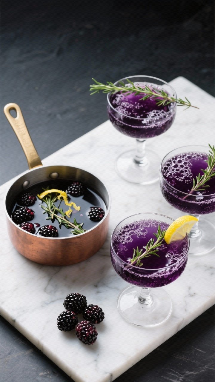 Overhead ingredient-to-finish storyboard for Blackberry Thyme Fizz: left panel shows a small saucepan with blackberry-thyme syrup (1 cup blackberries, 1/3 cup sugar, 1/2 cup water, lemon zest, 4–5 thyme sprigs) gently stewing; right panel shows the finished fizz in coupe glasses—inky purple-black hue topped with 3 cups chilled sparkling water, delicate bubbles, sprigs of fresh thyme and a thin lemon twist; clean marble surface, moody jewel tones.