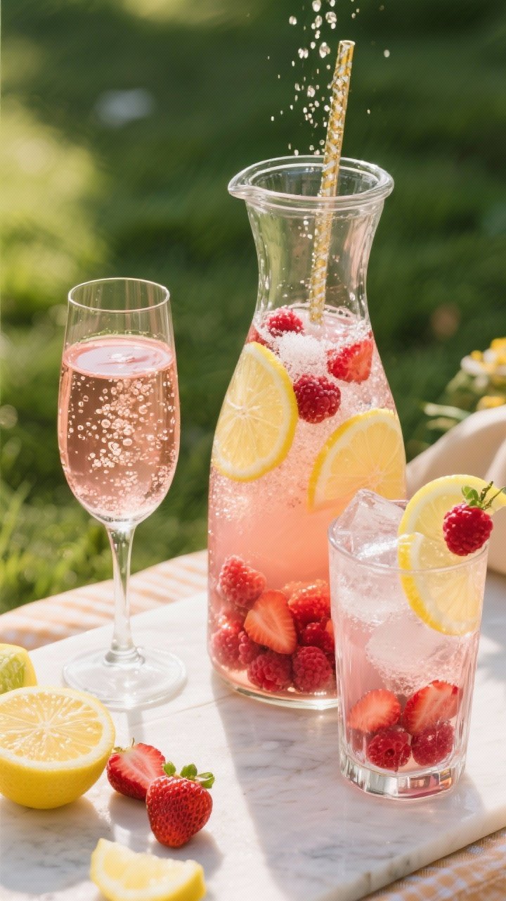 Overhead ingredient-to-glass sequence for Rosé Berry Lemonade Sparkler: muddled strawberries/raspberries with sugar, fresh lemon juice, and cold water in a carafe, alongside a flute and a highball filled with ice, finished with chilled sparkling water (or dry rosé) for variation; visible bubbles, lemon wheels and berry garnish; bright, effervescent, summer picnic vibe.