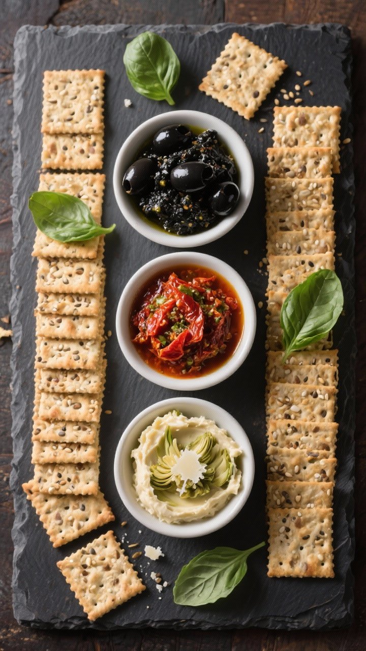 Overhead ingredient trio board: three small bowls arranged neatly—inky black olive tapenade, vibrant sun-dried tomato pesto, and creamy artichoke-parmesan spread—surrounded by 24–30 thin wheat/seeded “quiet-crunch” crackers in tidy lines; fresh basil leaves scattered for color; dark slate surface for contrast, tasting-room calm, no crumbs.