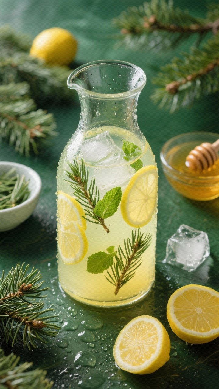 Overhead ingredients-and-finish shot for pine-infused lemonade: a clear carafe filled with pale yellow lemonade dotted with young pine needles, lemon wheels, and fresh mint; nearby bowls with honey, extra pine needles (edible species), and halved lemons; condensation on the glass, ice cubes glinting; forest-green and citrus-yellow palette, crisp and refreshing mood.