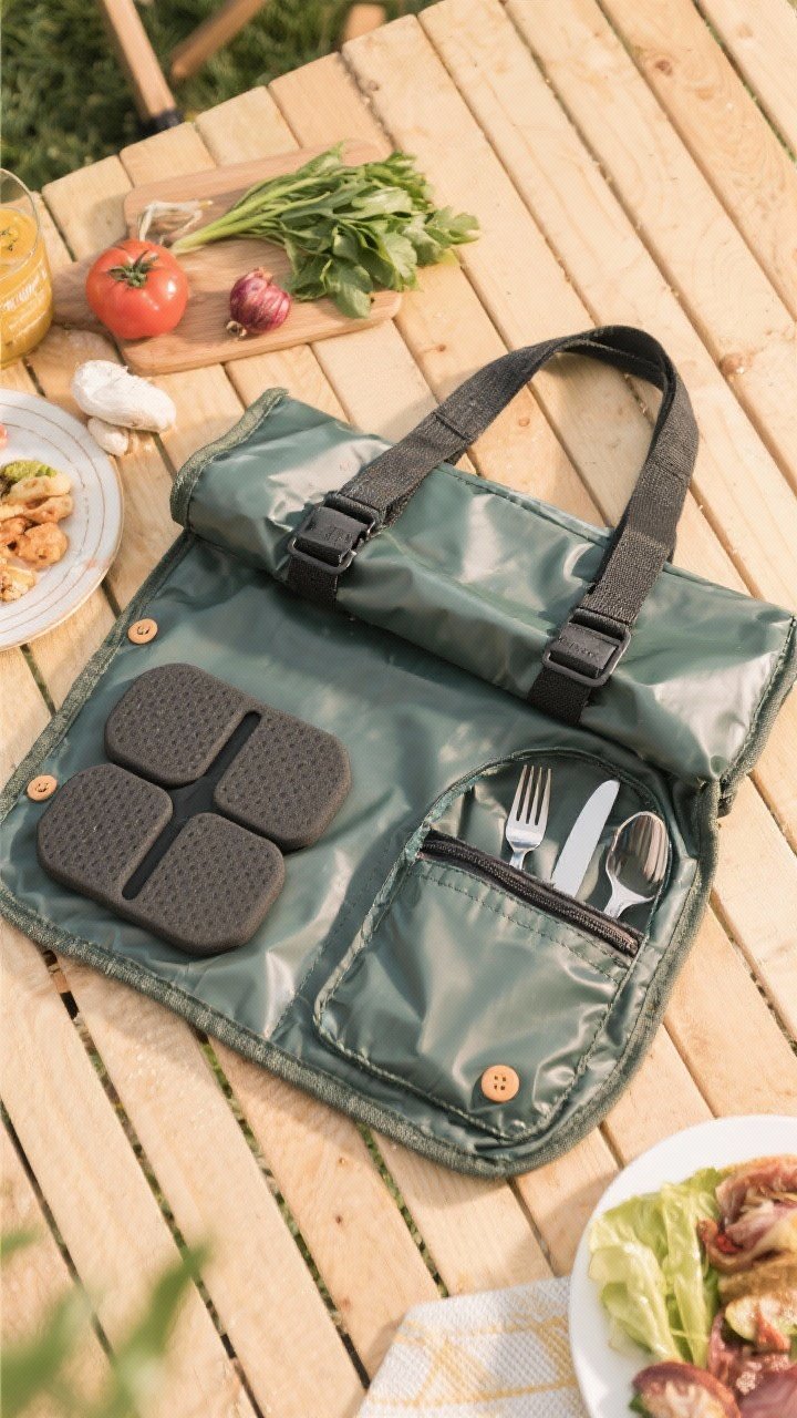 Overhead ingredients-prep scene of a convertible blanket tote: a waterproof-backed picnic blanket (60 x 80 inches) neatly folded into tote form with carrying straps buckled, two EVA foam seat pads (12 x 12 inches) sliding into hidden slots, snap buttons/Velcro strips visible along edges, and a detachable pocket for utensils unzipped showing a peek of cutlery; textures of waterproof backing and foam pads highlighted, tidy composition on light wood.