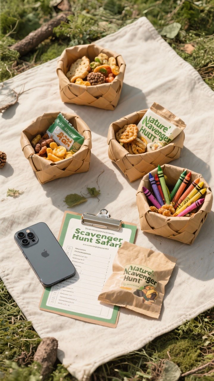 Overhead ingredients shot for a “Nature Scavenger Hunt Safari” snack pack: 2–4 small baskets/paper bags partially filled with safe picnic nibbles, a phone/camera beside printed scavenger lists, crayons/pencils, and a tiny baggie with trail-friendly treats. Natural tones, kraft paper, soft shadows; crisp, orderly composition evoking an outdoor-ready bite.